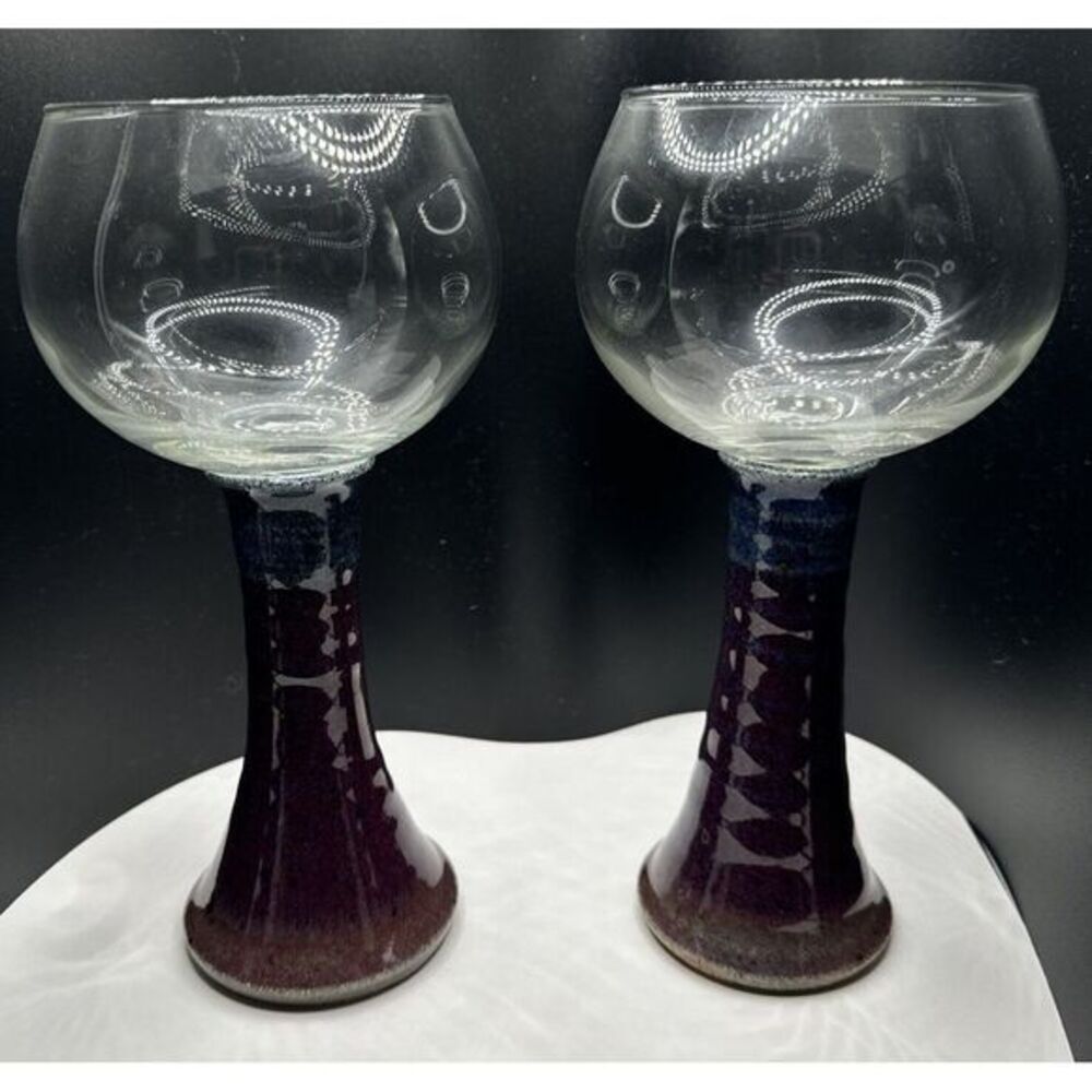 WATER WINE GOBLET GLASS CERAMIC BOTTOM, GLASS TOP, HAND CRAFTED PAINTED, 8.3/4"